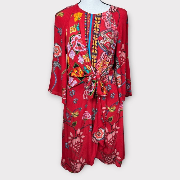 Desigual Dresses & Skirts - Desigual Red Floral Print Tie Front Dress Knee Length Long Sleeve Size 42 US 8 M